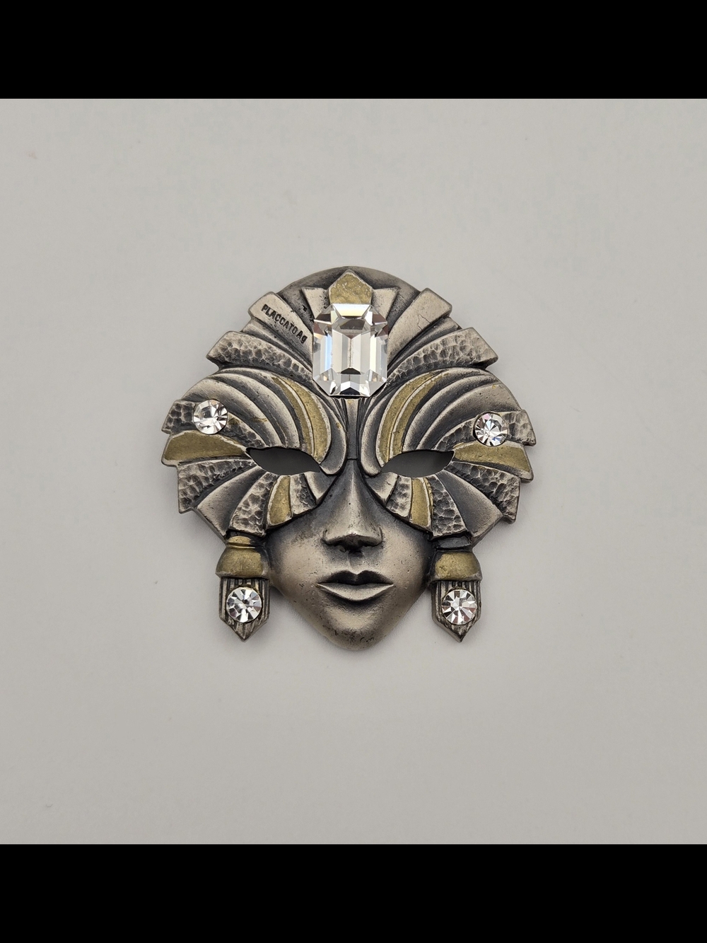 Vintage Art Deco Style Mask Brooch – Placcato AG Crystal Statement Pin